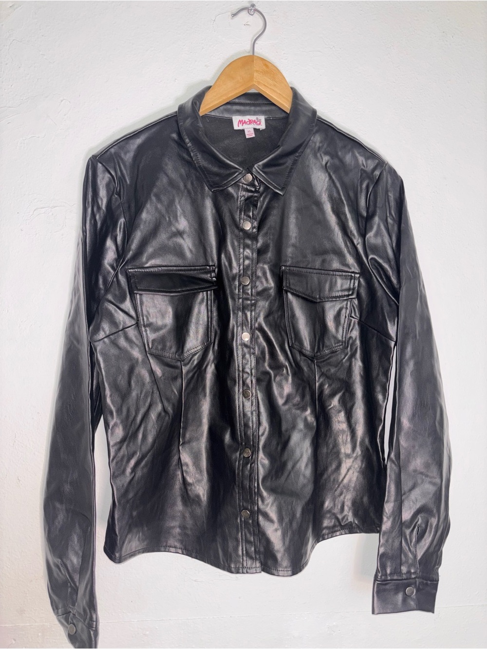 Madeline Black Faux Leather Snap-Front Shirt Jacket